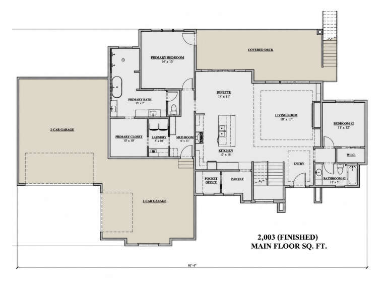 Main floor plan drawing with 2BR, 2BA, kitchen, dinette, living room, office, pantry, Ldry, 3-car garage, and covered deck. House Plan # 7140-00040