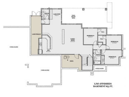 Basement floor plan drawing with 3BR, 2BA, family room, bar, lake entry, 2 WIC, storage, mech room, and stairs. House Plan # 7140-00040