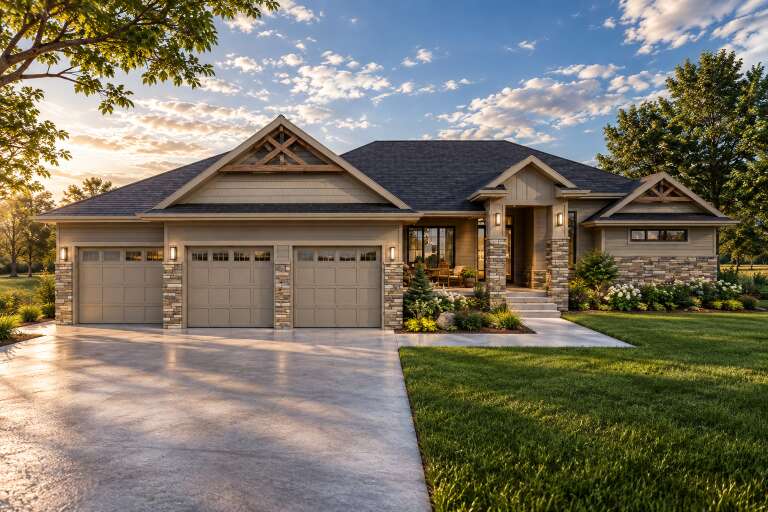 Front view of a tan Craftsman house, stone accents, triple garage, gabled roof, timber trusses, and lush landscaping. House Plan # 7140-00041