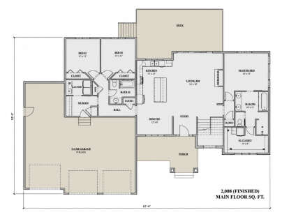 Main floor plan drawing with 3BR, 2BA, kitchen, living rm, dinette, pantry, mud rm, Ldry, 3-car garage, deck, and porch. House Plan # 7140-00041
