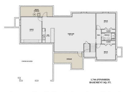 Basement floor plan drawing with 2BR, 1BA, family room, office, bar, stairs, and unheated storage/mechanical space. House Plan # 7140-00041