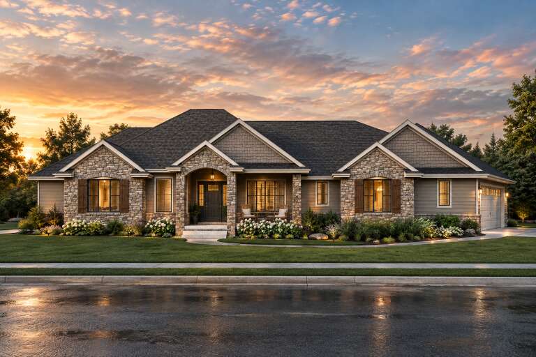 Front view of a tan Craftsman house, stone veneer, shake siding, arched entry, gabled roof, and lush landscaping. House Plan # 7140-00042