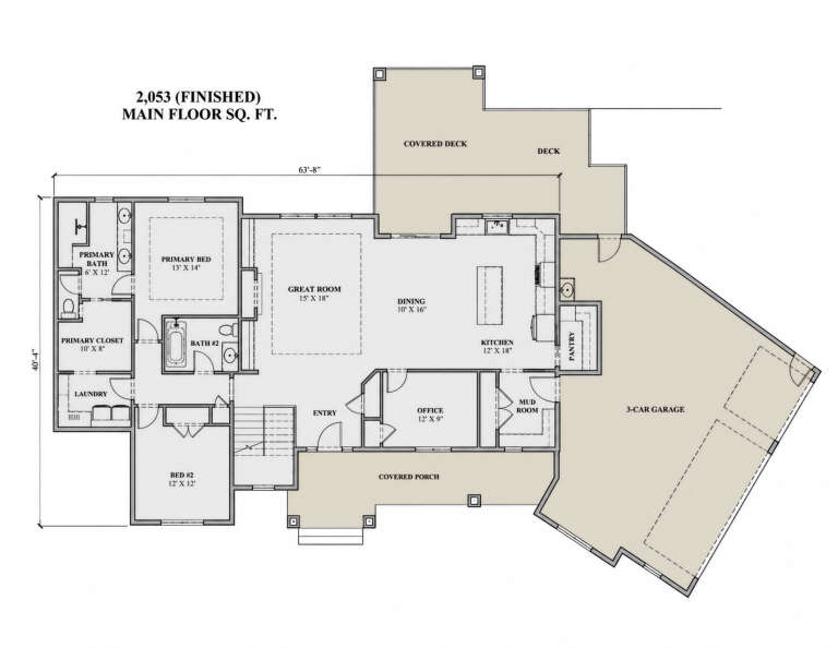 Main floor plan drawing with 2BR, 2BA, great room, kitchen, office, pantry, mud room, Ldry, 3-car garage, deck, and porch. House Plan # 7140-00042