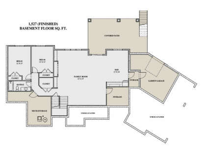 Basement floor plan drawing with 2BR, 1BA, family room, bar, garden garage, storage, stairs, and covered patio. House Plan # 7140-00042