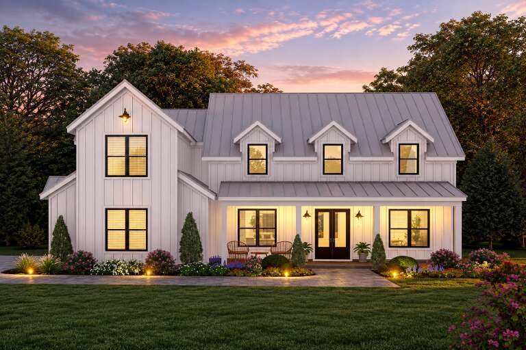 Front view of a white house in Modern Farmhouse style, metal roof, dormers, black windows, and illuminated front porch. House Plan # 940-01482