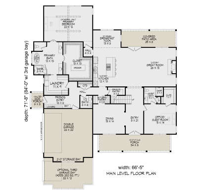 Main floor plan drawing with 2BR, 2.5BA, great room, kitchen, dining, office, WIC, 3-car garage, covered patio, and porch. House Plan # 940-01482