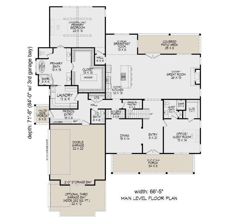 Main floor plan drawing with 2BR, 2.5BA, great room, kitchen, dining, office, WIC, 3-car garage, covered patio, and porch. House Plan # 940-01482