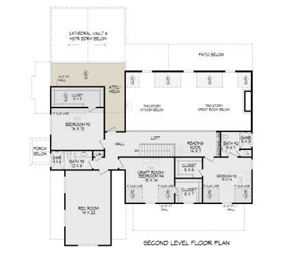 Second-level floor plan drawing with 3BR, 2BA, loft, reading nook, rec room, closets, attic, and open-to-below areas. House Plan # 940-01482