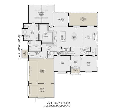 Main floor plan drawing with 2BR, 3BA, kitchen, great room, dining, office, WIC, 3-car garage, porches, and vaulted ceiling. House Plan # 940-01483