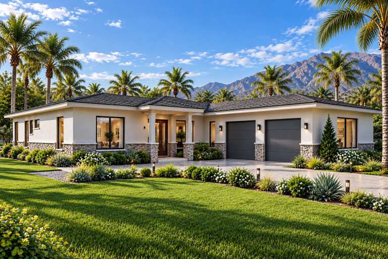 Angled front view of a white house in Contemporary style, stone base, dark garage doors, hip roof, and tropical landscape. House Plan # 940-01484