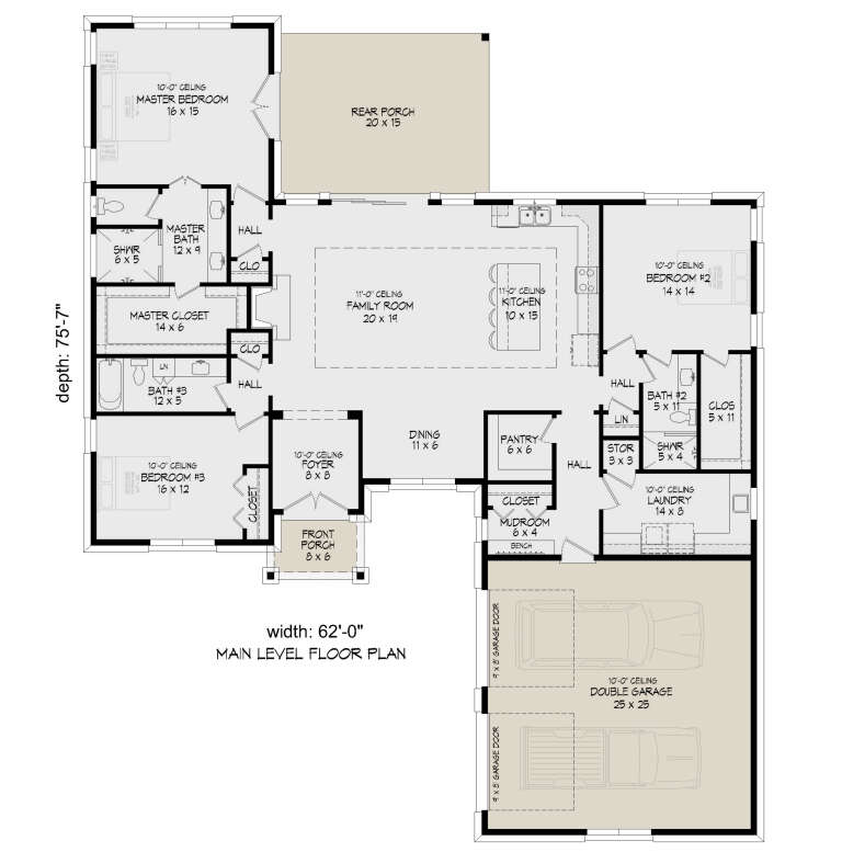 Main floor plan drawing with 3BR, 3BA, open kitchen/family room, pantry, mudroom, Ldry, 2-car garage, front/rear porches. House Plan # 940-01484