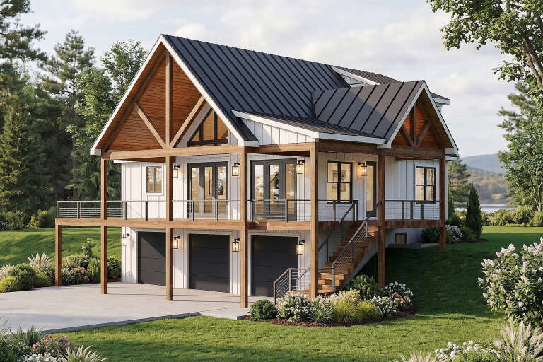 Angled front view of a white house in Craftsman style, metal roof, timber framing, wrap-around deck, and three-car garage. House Plan # 940-01485