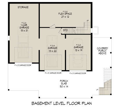 Basement floor plan drawing with 3-car garage, flex space, storage, 9' ceilings, porch slab, and stairs. House Plan # 940-01485