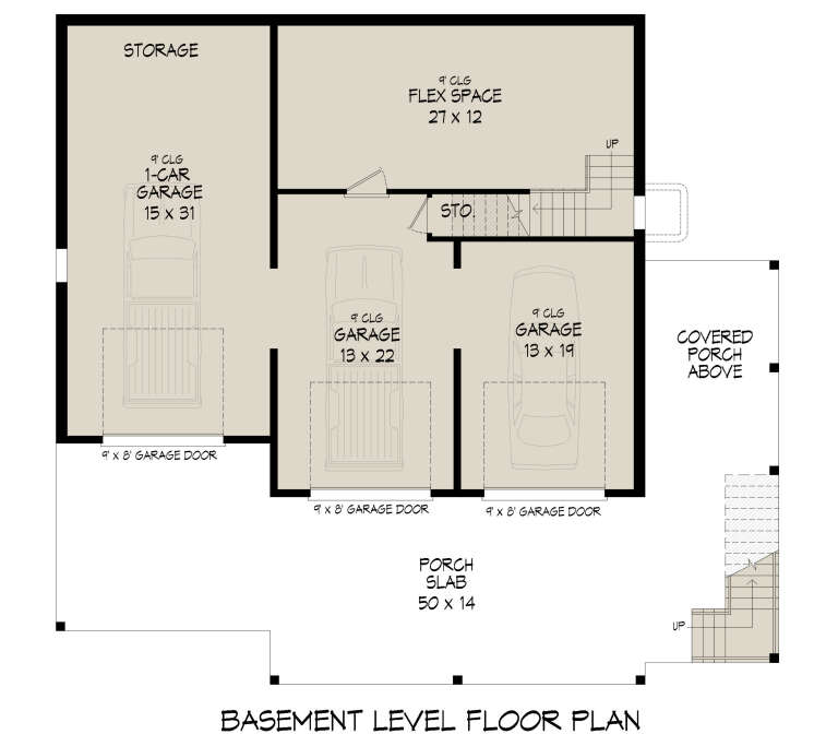 Basement floor plan drawing with 3-car garage, flex space, storage, 9' ceilings, porch slab, and stairs. House Plan # 940-01485