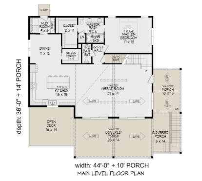 Main floor plan drawing with 1BR, 1.5BA, vaulted great room, kitchen, pantry, mudroom, deck, and multiple covered porches. House Plan # 940-01485