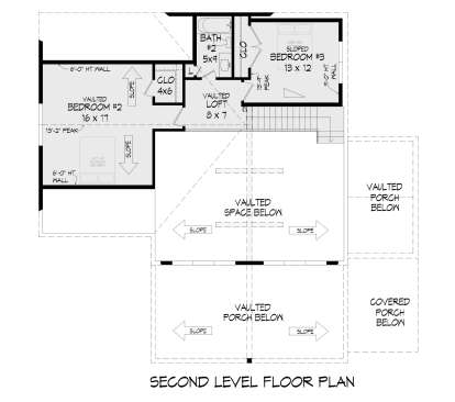 Second-level floor plan drawing with 2BR, 1BA, vaulted loft, closets, stairs, and open-to-below area. House Plan # 940-01485