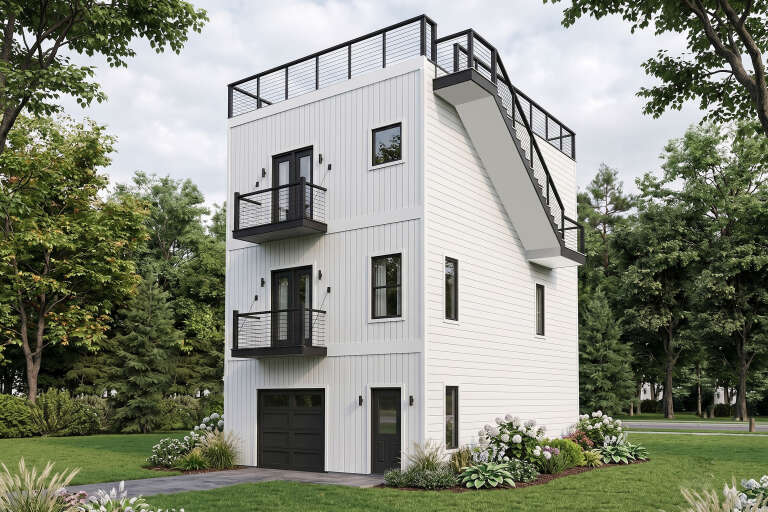 Angled front view of a white house, vertical siding, rooftop deck, external staircase, black balconies, and garage. House Plan # 940-01486