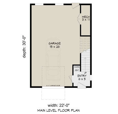Main-level floor plan drawing with 1-car garage, entry, mudroom seat with hooks, mechanical room, and stairs. House Plan # 940-01486