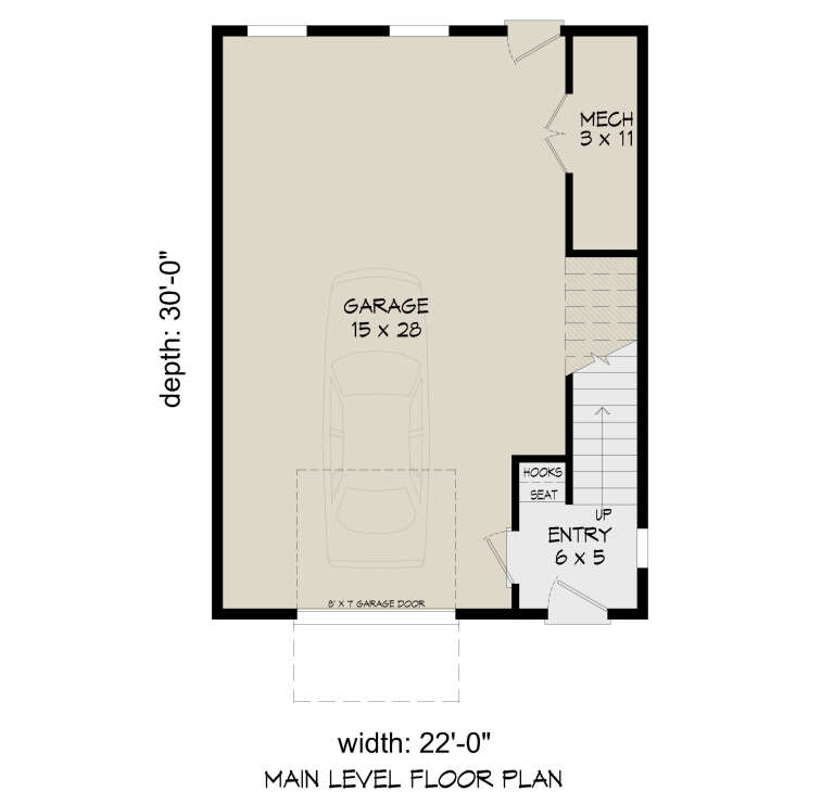 Main-level floor plan drawing with 1-car garage, entry, mudroom seat with hooks, mechanical room, and stairs. House Plan # 940-01486