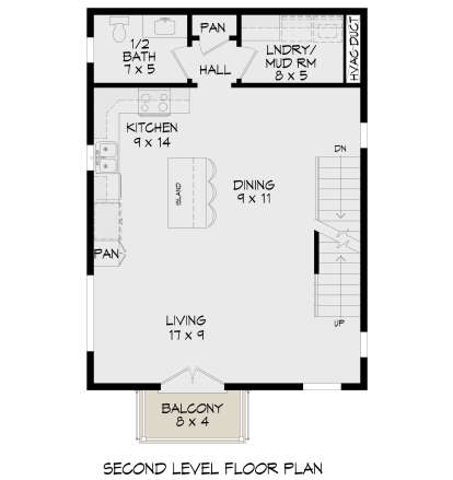 Second-level floor plan drawing with 1/2 BA, kitchen, dining, living, Ldry/mud room, pantry, stairs, and balcony. House Plan # 940-01486