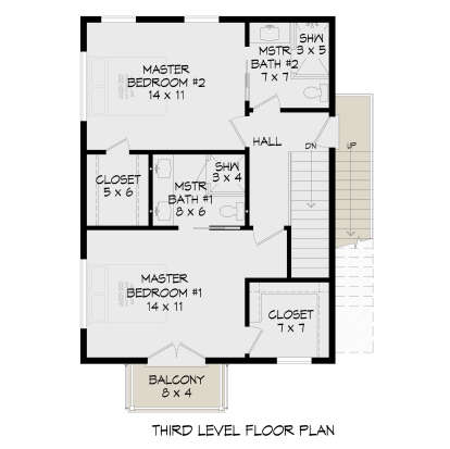 Third floor plan drawing with 2BR, 2BA, 2 closets, stairs, and balcony. House Plan # 940-01486