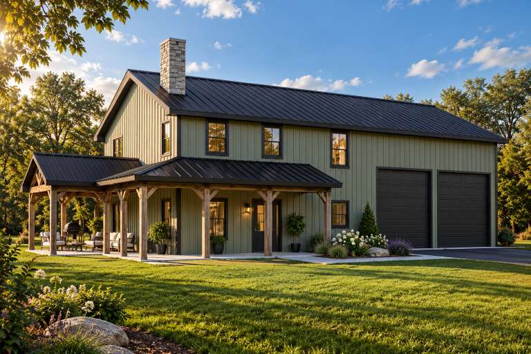 Angled front view of a green house in Barndominium style, metal roof, stone chimney, timber porch, and double garage. House Plan # 5032-00495