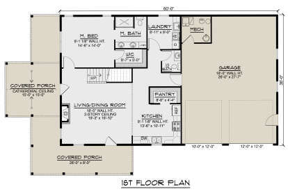 First-floor plan drawing with 1BR, 1.5BA, kitchen, pantry, living/dining, 2-story ceiling, WIC, Ldry, 2-car garage, porch. House Plan # 5032-00495