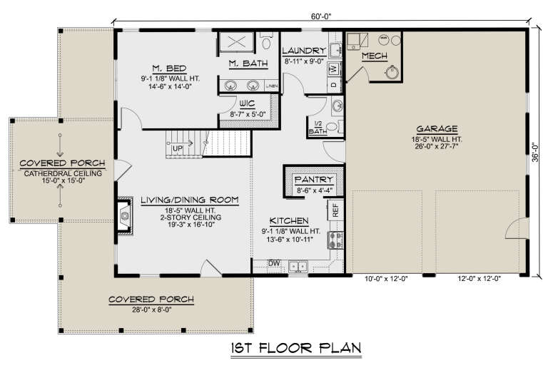 First-floor plan drawing with 1BR, 1.5BA, kitchen, pantry, living/dining, 2-story ceiling, WIC, Ldry, 2-car garage, porch. House Plan # 5032-00495