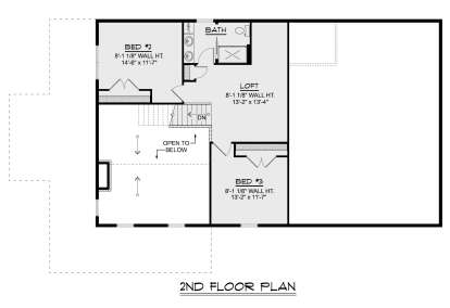 Second-floor plan drawing with 2BR, 1BA, loft, stairs, and open-to-below area. House Plan # 5032-00495