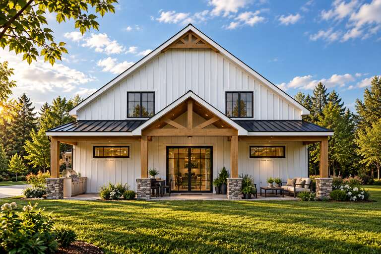 Rear view of a white house in Barndominium style, board-and-batten siding, timber porch, stone pillars, metal roof. House Plan # 5032-00496