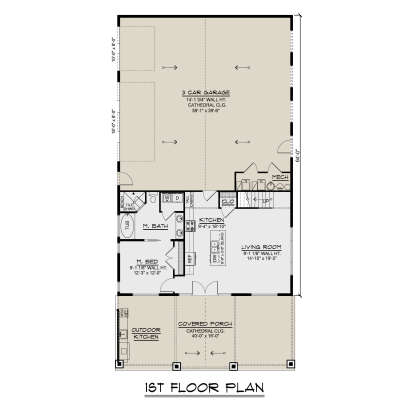 First-floor plan drawing with 1BR, 1BA, kitchen, living room, 3-car garage, Ldry, closet, and cathedral covered porch. House Plan # 5032-00496