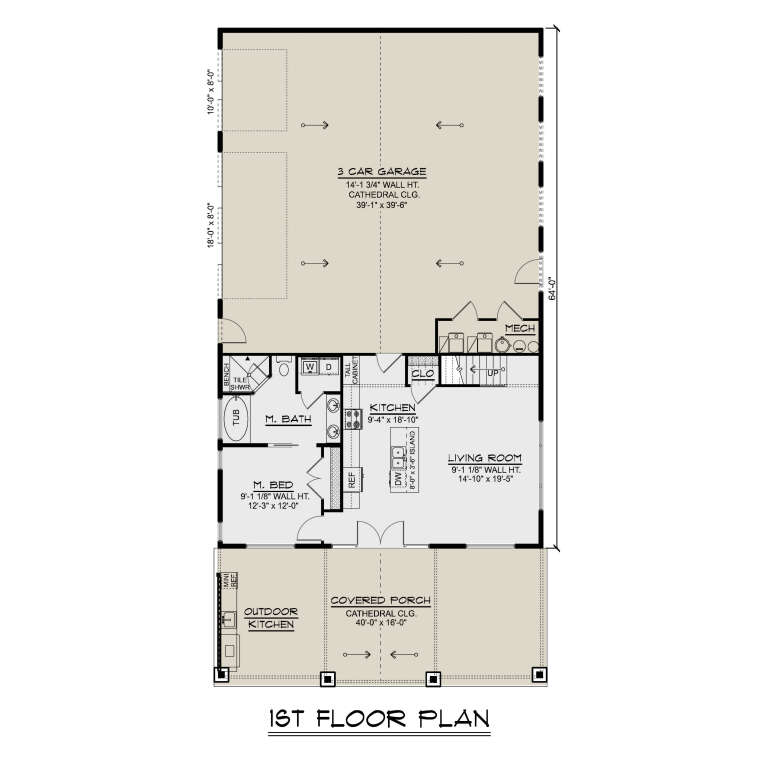 First-floor plan drawing with 1BR, 1BA, kitchen, living room, 3-car garage, Ldry, closet, and cathedral covered porch. House Plan # 5032-00496
