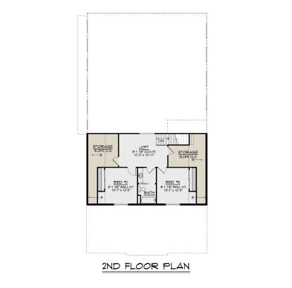 Second-floor plan drawing with 2BR, 1BA, loft, stairs, and two storage areas with sloped ceilings. House Plan # 5032-00496