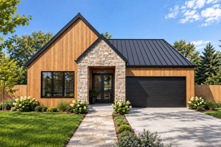 Front view of a wood and stone Modern Farmhouse, metal roof, black garage door, and stone walkway. House Plan # 2559-01127