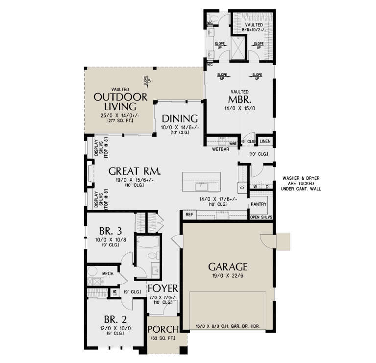 Main floor plan drawing with 3BR, 2BA, great room, dining, wet bar, pantry, 2-car garage, vaulted MBR, and outdoor living. House Plan # 2559-01127