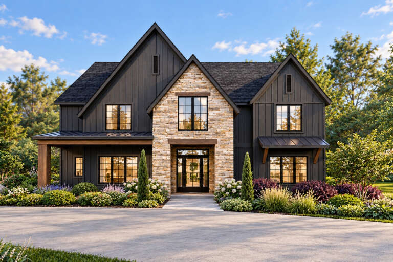 Front view of a black Modern Farmhouse, stone facade, wood accents, gabled roof, black windows, and lush landscaping. House Plan # 940-01487