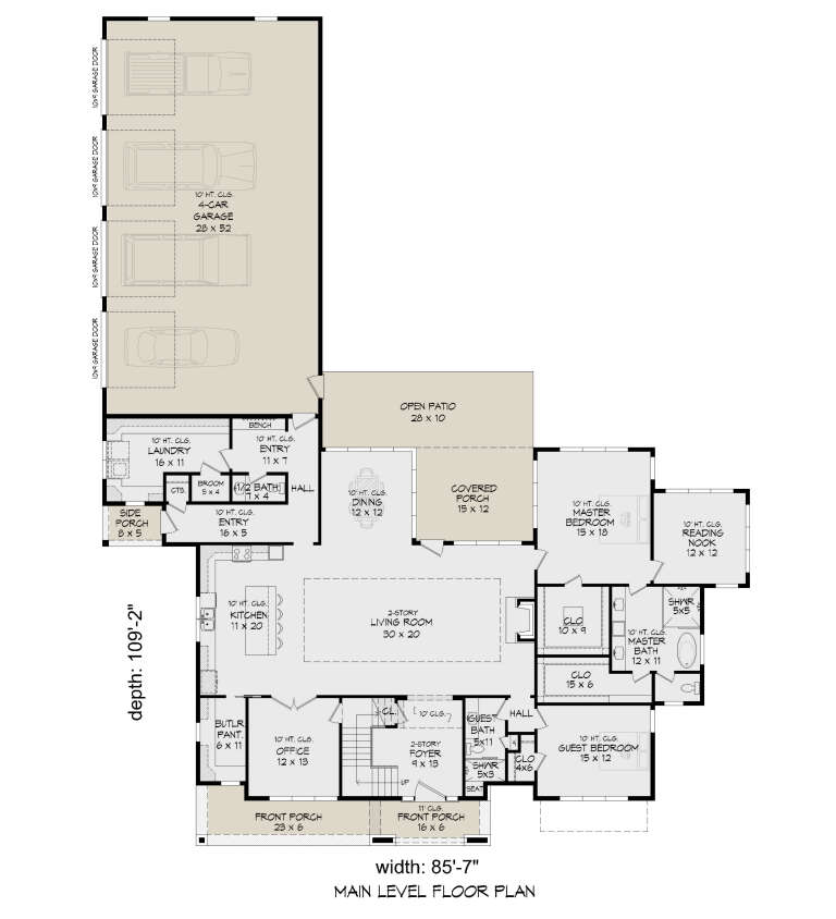 Main floor plan drawing with 2BR, 2.5BA, office, 4-car garage, 2-story living room, covered porch, patio, and butler pantry. House Plan # 940-01487