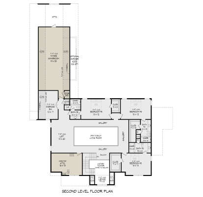 Second-level floor plan drawing with 3BR, 3BA, loft, exercise rm, future gameroom, attic, gallery, and open-to-below area. House Plan # 940-01487