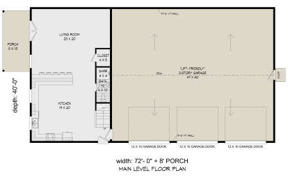 Main floor plan drawing with kitchen, living room, 1BA, closet, stairs, porch, and 3-car lift-friendly 2-story garage. House Plan # 940-01488