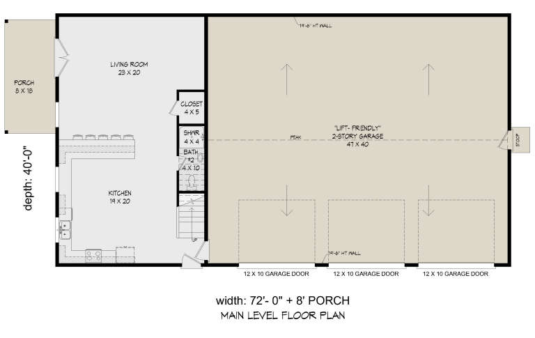 Main floor plan drawing with kitchen, living room, 1BA, closet, stairs, porch, and 3-car lift-friendly 2-story garage. House Plan # 940-01488