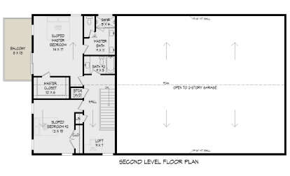 Second-level floor plan drawing with 2BR, 2BA, loft, WIC, balcony, laundry, stairs, and open-to-below garage area. House Plan # 940-01488