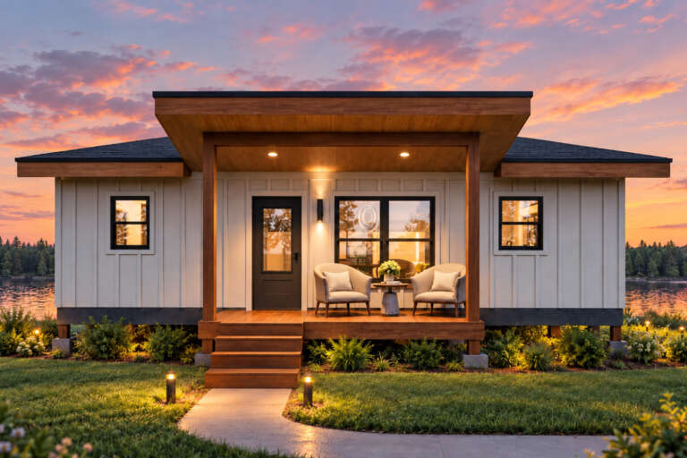 Front view of a white Cabin house, board-and-batten siding, wood porch, black windows, and sunset landscape lighting. House Plan # 940-01489