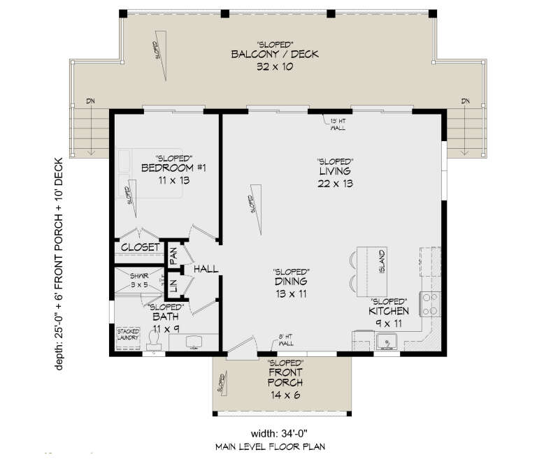 Main level floor plan drawing with 1BR, 1BA, open kitchen, dining, living, sloped ceilings, front porch, and rear deck. House Plan # 940-01489