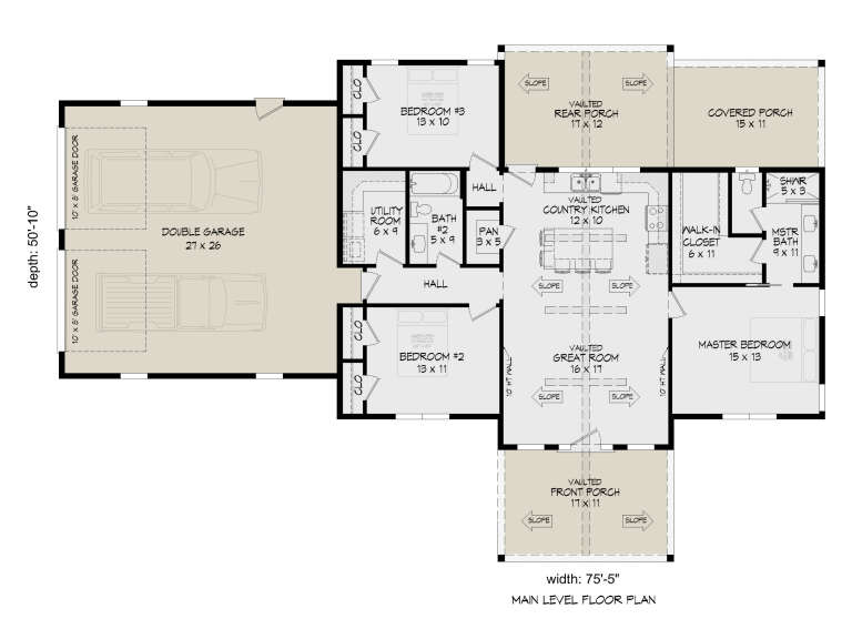 Main floor plan drawing with 3BR, 2BA, vaulted great room/kitchen/porches, pantry, Ldry, WIC, and 2-car garage. House Plan # 940-01490
