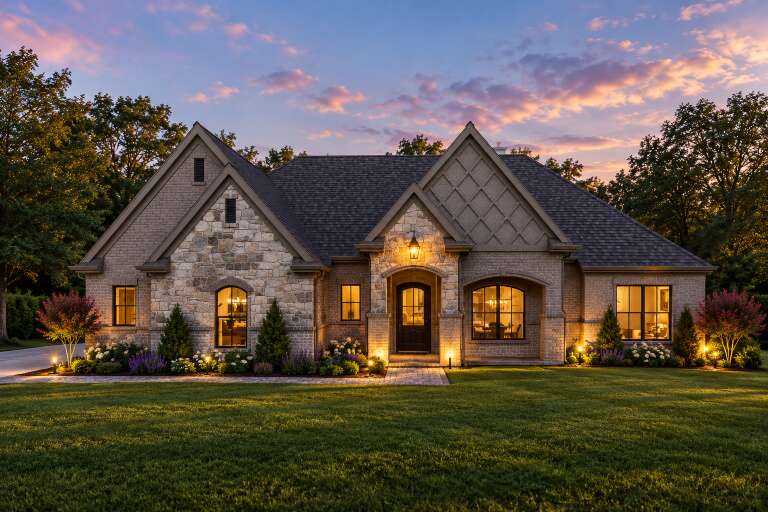 Front view of a tan house in French Country style, stone and brick facade, arched entry, steep gables, and landscape lighting. House Plan # 3571-00046