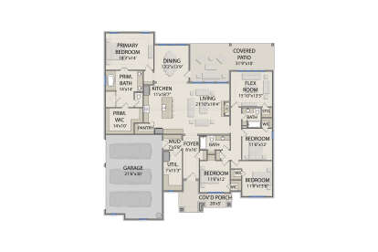Main floor plan drawing with 4BR, 3BA, kitchen, living, dining, flex room, pantry, 3-car garage, mudroom, and covered patio. House Plan # 3571-00046