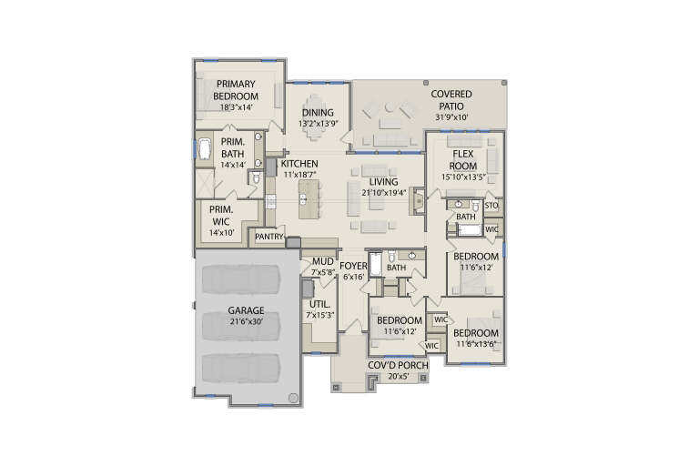 Main floor plan drawing with 4BR, 3BA, kitchen, living, dining, flex room, pantry, 3-car garage, mudroom, and covered patio. House Plan # 3571-00046