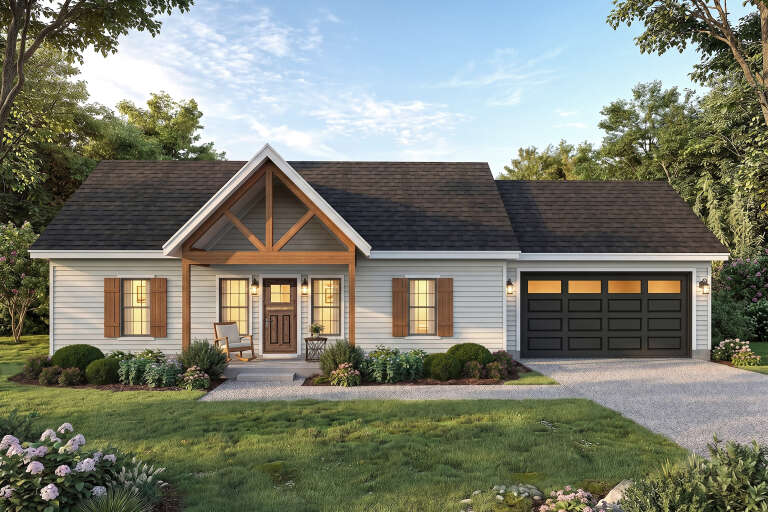 Front view of a white house in Modern Farmhouse style, timber-framed porch, wood shutters, and black garage door. House Plan # 940-01491