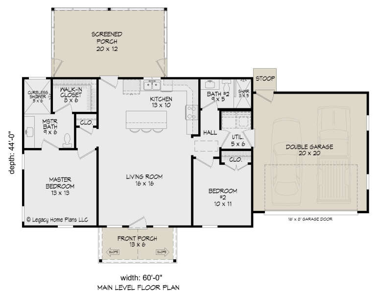 Main floor plan drawing with 2BR, 2BA, kitchen, living room, WIC, 2-car garage, utility, screened porch, and front porch. House Plan # 940-01491