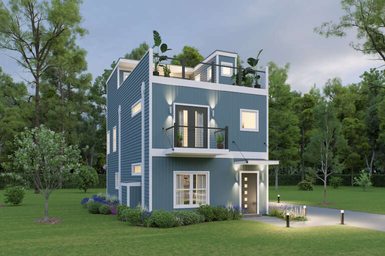Angled front view of a blue house in Contemporary style, rooftop deck, balcony, vertical siding, and modern lighting. House Plan # 940-01492